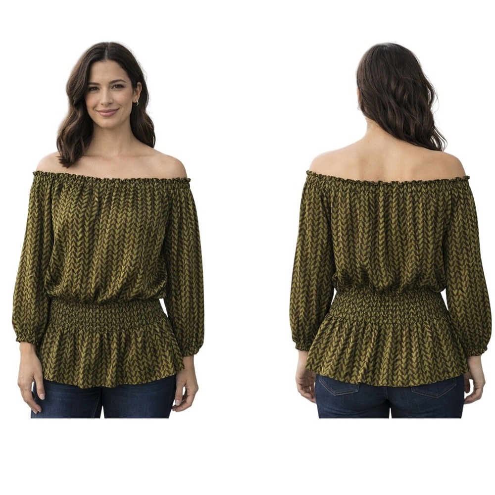 Michael Kors Blouse Women XL Green Geometric Boho Peasant‎ Top